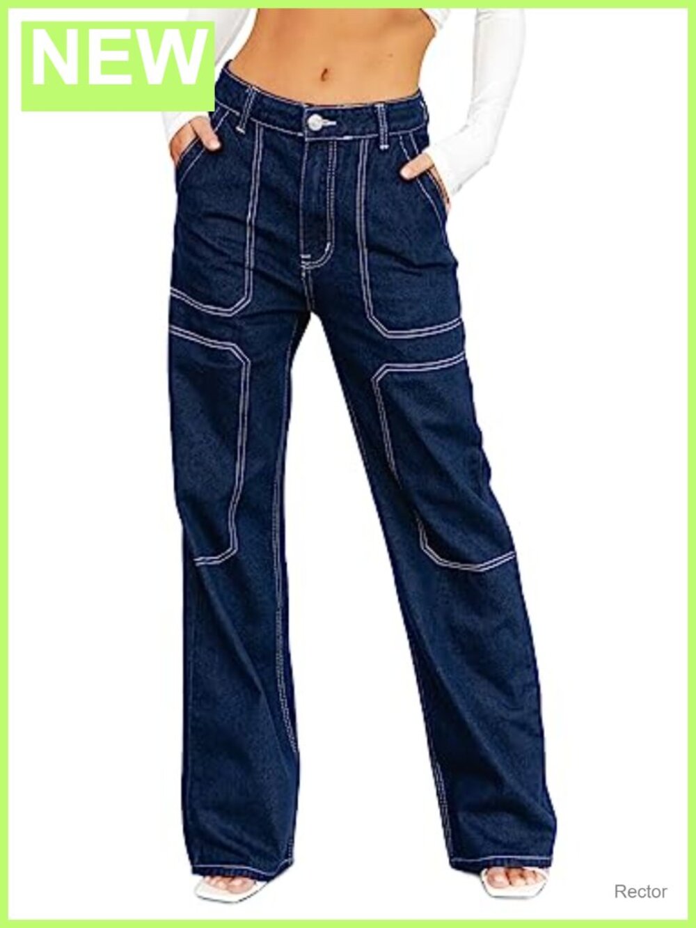 Cargo Jeans Mid Waist Wide Leg Stretch Denim Pants with Pockets